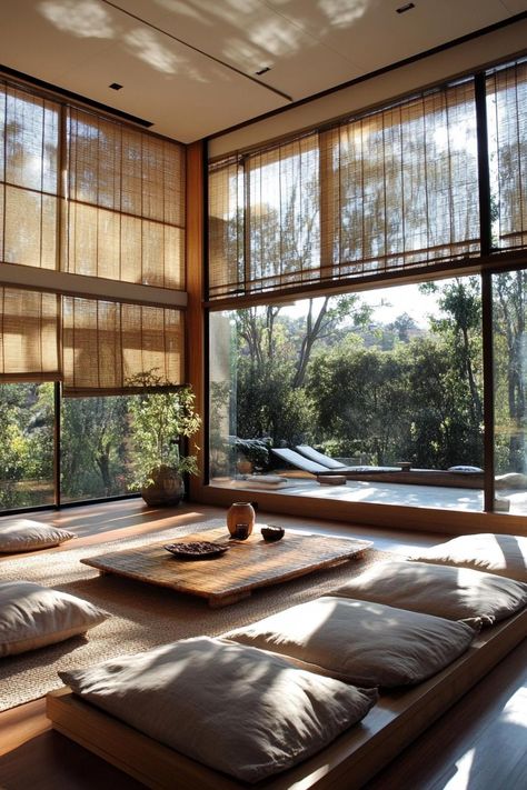 Japanese Forest House, Japanese House Design Modern, Japanese Modern Architecture, Japanese House Decor, Japanese Home Office, Zen Style Interior Design, Zen Apartment, Japanese Living Room Design, Zen House Design