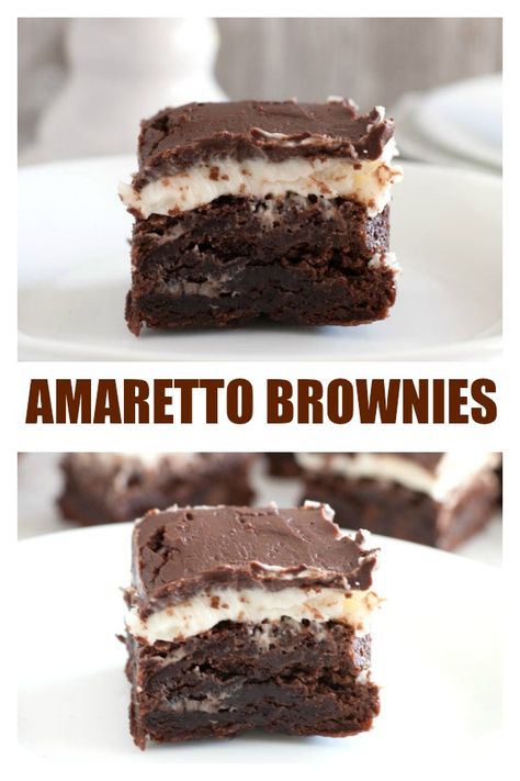 Amaretto Brownies are fudgy brownies topped with Amaretto Frosting and chocolate ganache. #brownies #homemadebrownies #amarettobrownies #dessert #chocolate Amaretto Frosting, Chocolate Ganache Brownies, Ganache Brownies, Amaretto Recipe, Brownies Fudgy, Boozy Desserts, Brownie Toppings, Fudgy Brownies, Fudge Brownies