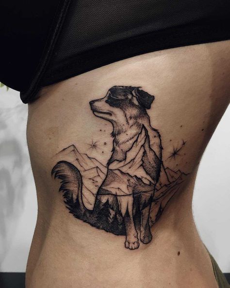 Double exposure dog and mountains tattoo inked on the left rib cage by Sasha Tattooing Sasha Tattoo, Tropisches Tattoo, Berg Tattoo, Mountains Tattoo, Double Exposition, Panther Art, Theme Tattoo, Folio Society, Inspiration Tattoos