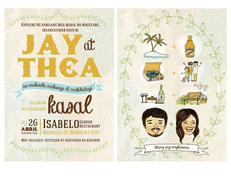 Postcard-style wedding invite I made for my sister and her fiancé. Most images are hand-drawn and colored digitally with a water-color effect. Their theme is vintage-y, rustic and will be set in a restored house with a beautiful garden. In Filipino, "Sarap Magkasama" means So good together. Tags: DIY, wedding, Filipino, Tagalog, garden, rustic, vintage, hand-drawn, Philippines, illustration, postcard, invites Diy Meaning, Mexican Party Invitation, Filipiniana Wedding Theme, Elegant Wedding Colors, Filipiniana Wedding, Modern Wedding Theme, Philippine Wedding, Filipino Wedding, Fiesta Wedding