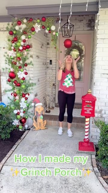 Grinch Exterior Christmas Decorations, Grinch Christmas House Decorations, Grinch House Lights, Outdoor Grinch Decorations Front Porches, Grinch Themed Outdoor Decorations, Grinch Porch Decorations Outdoor, Grinch Front Yard Decor, Grinch Pulling Lights Off House, Diy Grinch Christmas Decorations Outdoor Decor