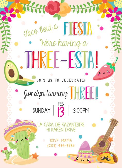 Taco About Three Birthday, Third Birthday Taco Theme, Three Year Party Theme, Fiesta Theme 3rd Birthday Party, Fiesta Three Year Old, Twins 3rd Birthday Party Themes, 3 Year Birthday Themes, 3 Year Bday Party Ideas, 3rd Year Old Birthday Party Ideas