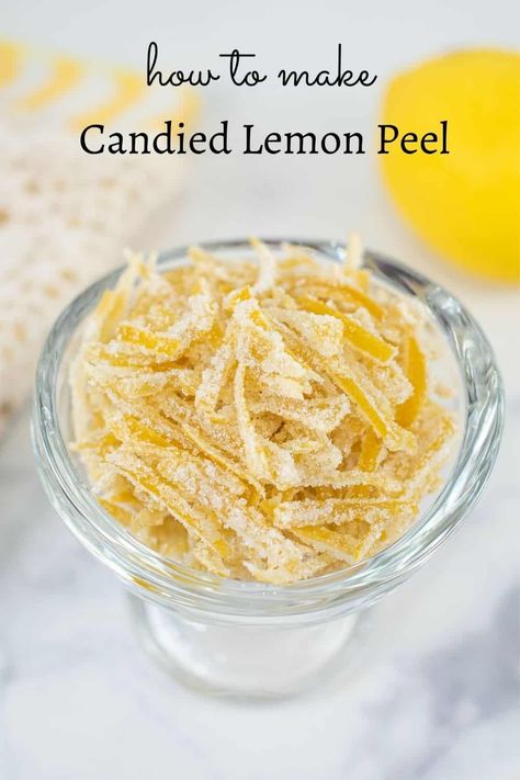 This candied lemon peel is delicious and super easy to make. Eat it as a snack or use it to decorate your treats. A perfect recipe! #candiedlemonpeel #candiedlemonpeelrecipe #howtomakecandiedlemonpeel #decoratedtreats Candied Lemon Peel Easy, Candied Lemon Peels, Candied Lime Peel, Lemon Peel Candy, Candied Lemon Slices Easy, Lemon Peel Uses, Lemon Peel Recipes, Sugared Lemon Peel, Candied Lemon Zest