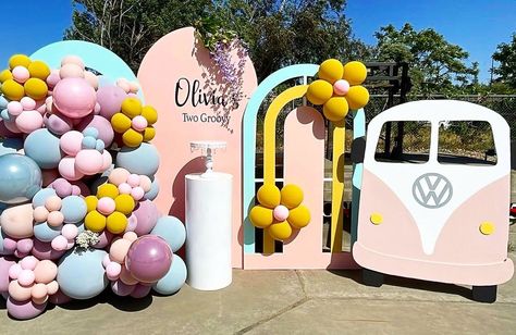 B R I T T A N Y on Instagram: “Groovy Party Set Up A cute two year old theme with an adorable VW Bus. I’m loving this 60s/70s vibe! Thank you @vxnyssa for this photo…” Groovy Bus Photo Prop, Diy Groovy Van Cardboard, Vw Bus Backdrop, Two Groovy Birthday Party Vw Bus, Vw Bus Party Theme, Volkswagen Bus Party Theme, Vw Bus Birthday Party Ideas, Groovy Graduation Party, Groovy Party Theme