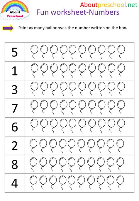 Preschool-Fun worksheet-Numbers-Balloon - About Preschool Worksheet Numbers, Number Activities Preschool, Preschool Worksheets Free Printables, Number Worksheets Kindergarten, Preschool Number Worksheets, Aktiviti Kanak-kanak, Free Preschool Worksheets, Numbers Preschool, Aktivitas Montessori