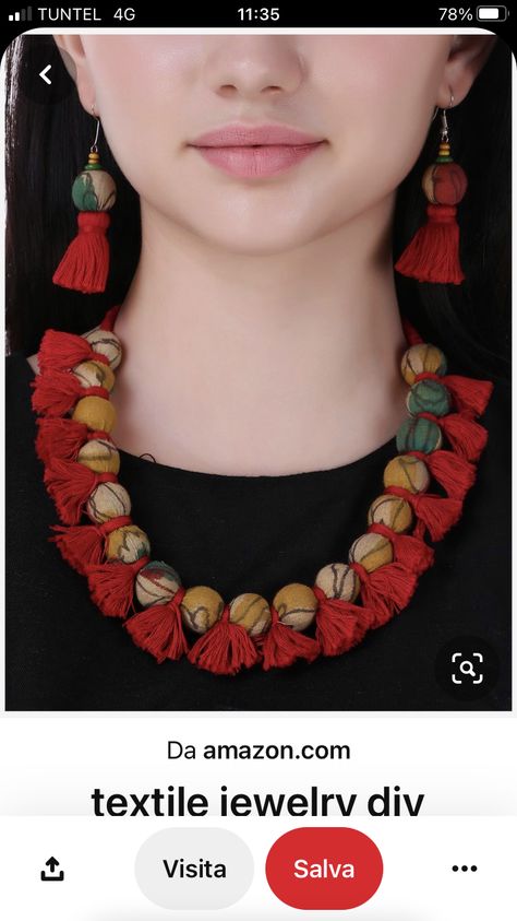 Textile Jewelry Diy, Diy Fabric Jewellery, Handmade Jewlery, Silk Thread Jewelry, Fabric Earrings, Fabric Necklace, Hand Painted Jewelry, Red Necklace, Handmade Fashion Jewelry