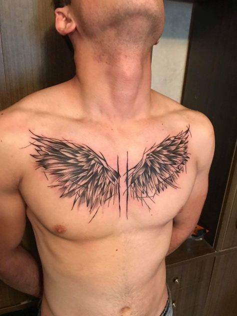 Top 2024 Chest Tattoos for Men: Symbolism, Strength, and Artistry Angel Wings Chest Tattoo, Chest Tattoo Wings, Art Personality, Tatuaje Trash Polka, Alas Tattoo, Wing Tattoo Men, Tato Dada, Torso Tattoos, Saved Tattoo