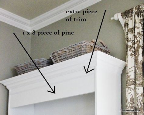 how to add molding to a bookcase, painted furniture, woodworking projects, Bling for the bookcases Bookcase With Window In The Middle, Crown Molding On Bookcase, Bookshelf Crown Molding, Add Molding To Bookcase, Bookcase Molding Ideas, Bookshelf With Crown Molding, Add Trim To Bookcase, Bookcase Trim Ideas, Bookcase Painted