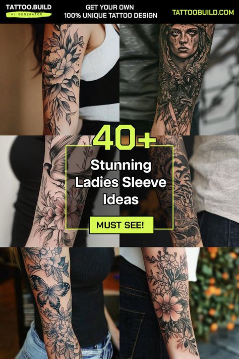 Unique Womens Arm Ink Inspiration at Its Best Tattoo Build Website Tasteful Sleeve Tattoos For Women, Female Black And Grey Sleeve Tattoo, Landscape Tattoos For Women, Female Half Sleeve Tattoo Forearm, Fill In Sleeve Tattoo Spaces Women, Pond Tattoo Sleeve, Women’s Full Tattoo Sleeve, Dark Tattoo Sleeves For Women, Womens Lower Arm Sleeve Tattoo