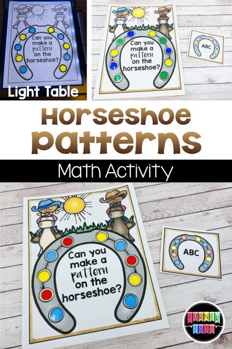 Build patterns on a horseshoe using translucent chips. Add in even more engagement by building them on the light table! Great math activity for your Wild West preschool theme! #activities for preschool #activity #activity for toddlers #preschool Western Theme For Preschool, Horse Theme Preschool, Horse Math Activities For Preschool, Western Day Preschool, Horses Preschool Activities, Preschool Cowboy Theme, Life On The Range Preschool Activities, Texas Theme Preschool Activities, Western Week Preschool