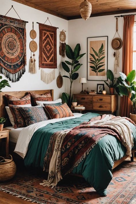 Bohemian Cottage Decor Ideas, Patchwork Wall Hanging, Boho Guest Bedroom Ideas, Bedroom Ideas For Small Rooms Cozy, Casa Hobbit, Inspiration Wall Art, Earthy Bedroom, Luxury Room, Boho Style Bedroom