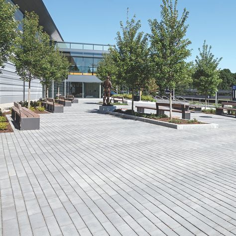 The outdoor plaza At Bentley University Arena has been paved with over 3,500 square feet of permeable paving to reduce storm water. Scaled to accommodate 2,000-3,400 person events, Eco-Line® Platform from the Permeable Collection was chosen because it is cost-effective, heavy-duty and durable. The plaza will provide a gathering place to welcome the entire Bentley community for many years to come.
#permeableplank #peremablepaving #unilock #plankpavers #modernpaving #landscapedesign Permeable Pavement, Bentley University, Permeable Paving, Landscape And Urbanism Architecture, Storm Water, Paving Pattern, Permeable Pavers, Landscape And Urbanism, Concrete Pavers