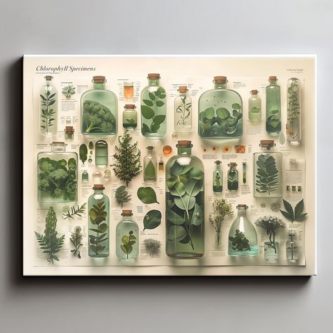 Bring the beauty and intricacy of botanical science into your space with this "Chlorophyll Specimens" canvas art, showcasing a curated collection of plant samples preserved in glass vials. This stunning AI enhanced artwork combines the elegance of nature with the precision of scientific study, making it an ideal piece for plant enthusiasts, botanists, and anyone with an appreciation for the natural world. Crafted with high-quality materials, the canvas presents a diverse array of chlorophyll-rich plants, each meticulously detailed and labeled, providing a fascinating glimpse into the world of plant biology. The soft green hues and clean design create a visually soothing effect, perfect for enhancing the decor of any room, whether it's a home, office, or creative workspace. Ideal for those Plant Magazine Design, Halloween Science Decor, Botanical Office Decor, Scientific Decor, Plants Study, Science Room Decor, Plant Exhibition, Botany Study, Wall Art Plants