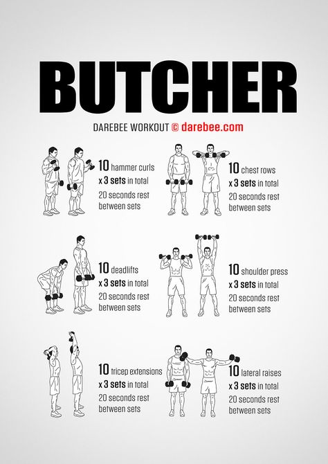 http://darebee.com/workouts/butcher-workout.html F1 Training, Dumbbell Workout Plan, Lichaamsgewicht Training, Beginner Pilates, Full Body Dumbbell Workout, Gym Antrenmanları, Dumbell Workout, Pilates Video, Kettlebell Training