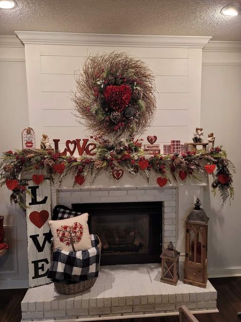 Valentine Mantle Decor, Black Mantle Fireplace, Fireplace Painting, Black Tile Fireplace, Painting Brick, Black Mantle, Farmhouse Fireplace Decor, Fireplace Black, Mantle Fireplace