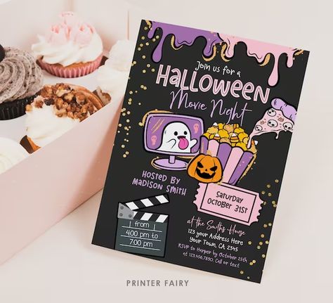 PrinterFairy - Etsy Spain Halloween Movie Night Invite, Movie Night Invite, Movie Night Invitations, Halloween Movie Night, Halloween Movie, Movie Party, Theme Halloween, Halloween Designs, Halloween Movies