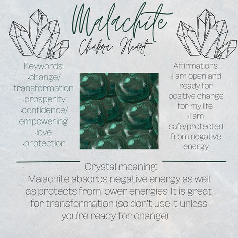 Malachite crystal info: chakra, keywords, affirmations and intentions, and meaning Malachite Affirmation, Crystal Mantras, Malachite Crystal Meaning, Malachite Meaning, Calming Crystals, Malachite Crystal, Zodiac Stones, Crystals Healing Properties, Spiritual Crystals