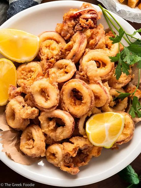 Our Kalamarakia Tiganita is a prized appetizer on the Greek table. Our fried calamari will excite and wow everyone with a delicious coating of three different flours, ground mustard, and smoked paprika. Cod Fish Cakes, Grilled Calamari, Greek Appetizers, Fried Calamari, Crispy Fry, Ground Mustard, Fish Cake, Calamari, American Food