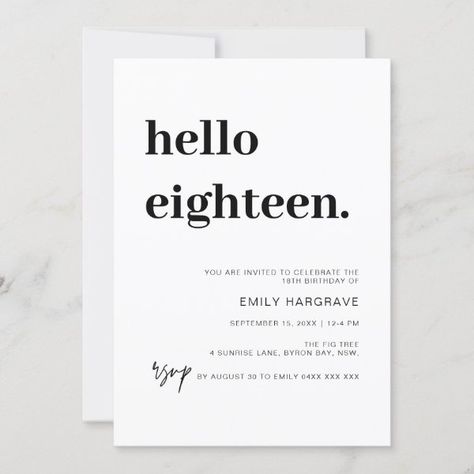 Modern Hello Eighteen Birthday Party Invitation 18th Birthday Invites, Simple Birthday Invitation, Hello 21, Cute Old Couples, Happy Birthday Typography, Birthday Typography, Modern Birthday Party, Invitation Minimalist, Minimalist Invitation