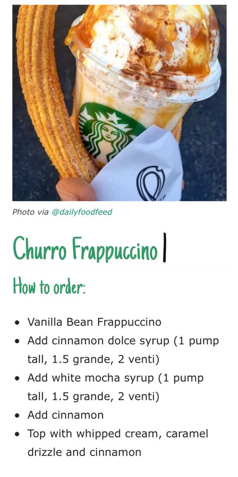 Starbucks Drinks With Cinnamon Dulce, Churro Frappuccino Starbucks, Copycat Starbucks Drinks, Dunkin Donut, Cinnamon Dolce Syrup, Starbucks Secret Menu Recipes, Starbucks Orders, Secret Starbucks Recipes, Coffee Recipes Starbucks