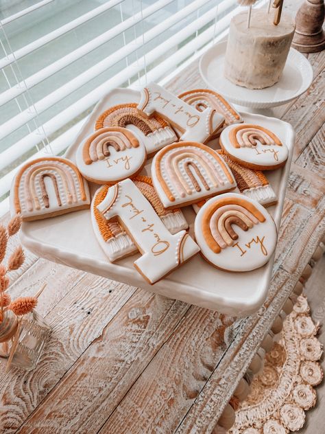 Boho Rainbow 1st Birthday Cookies, Boho Rainbow One Year Old Party, Rainbow Boho Cookies, Wild One Boho 1st Birthday Girl, Boho Rainbow Birthday Cookies, Boho First Birthday Cookies, Boho Rainbow Cake Pops, First Birthday Boho Rainbow Theme, Neutral Rainbow Birthday Party