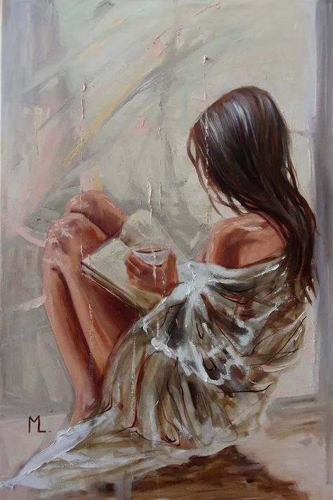 Monika Luniak, Book Coffee, 2024 Art, Painting Gift, Romantic Art, Ethereal Art, Arte Pop, Palette Knife, Paintings For Sale