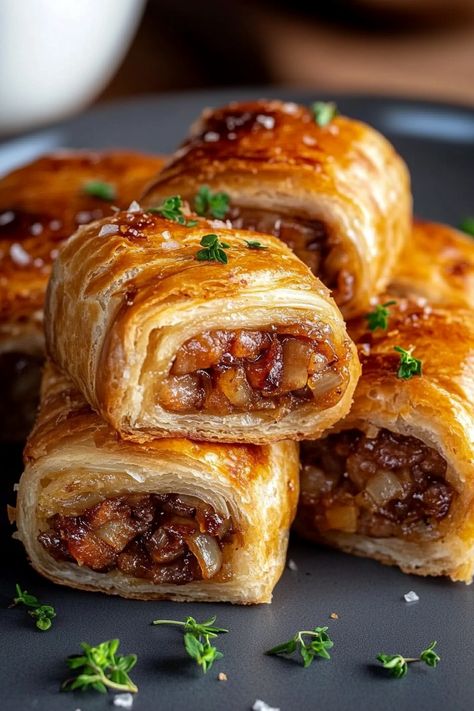 French onion sausage rolls French Onion Appetizer, Leftover Rolls Recipes, Sausage Rolls With Puff Pastry, French Onion Sausage Rolls, Sausage Puff Pastry Appetizers, Puff Pastry With Sausage, Puff Pastry Lunch Ideas, Savory Eclairs, Sausage Puff Pastry