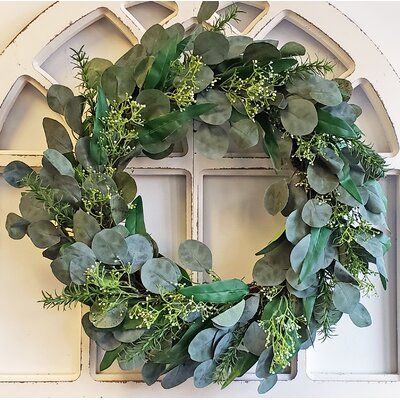 Sure to welcome a touch of summery style to your home, a wreath like this is a great option for adding a bright seasonal accent to your doorway, mantle, and more! With a 22'' diameter, this piece is perfectly proportioned to fit most doorways. This wreath may ship compressed so some primping might be necessary to get its look just right. Mixed Eucalyptus, Wreath Inspiration, Silk Wreaths, Summer Front Door Wreath, Christmas Breakfast, Mini Candles, Patriotic Wreath, Breakfast Table, Oak Leaf