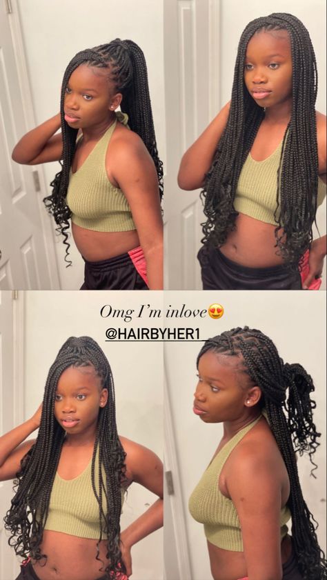 Curly Box Braid Hairstyles, Knotless In A Ponytail, Knotless Braids With Curls Styles, Box Braids With Curls In Them, Styles To Do With Knotless Braids With Curls, Knotless Braids With Curly Ends Hairstyles, Hairstyles To Do With Knotless Braids With Curls, Knotless With Curls Hairstyles, Waist Length Knotless Braids Curly Ends