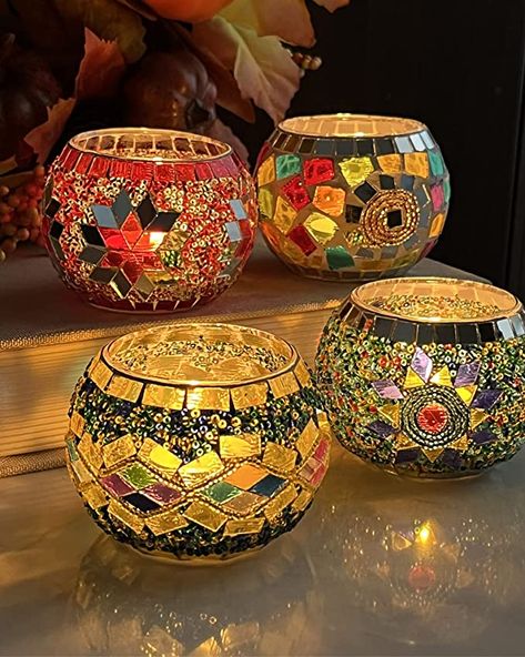 Glass Painting Designs For Diwali, Candle Holder Crafts, Mosaic Candle Holders, Glass Tealight Candle Holders, Mosaic Candle, Turkish Mosaic Lamp, Turkish Mosaic, Tea Candle, Glass Votive Candle Holders