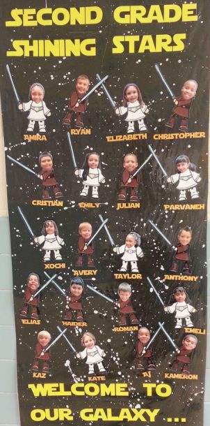 Star Wars Bulletin Boards Elementary, Star Wars Door Decorations Classroom, Star Wars Name Tags, Star Wars Theme Classroom Ideas, Starwars Classroom Theme, Star Wars Door Decorations, Starwars Decoration, Star Wars Classroom Door, Star Wars Classroom Decorations