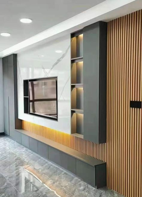 Living Room Tv Wall Modern Interiors Wood, Tv Wall Cladding, Bedrop Tv, Modern Wall Cladding, Tv Cabinet Design Modern, Tv Case, Living Room Cupboards, Wpc Wall Panel, Tv Unit Designs