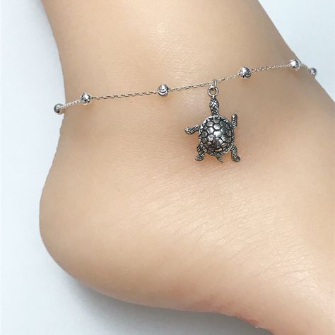 Sterling Silver Turtle Anklet Dainty Beaded Turtle Anklet Metal: All Components Are Made From Solid .925 Sterling Silver Measurement: Adjustable From 9" To 10" Beaded Turtle, Turtle Anklet, Ankle Bracelets, Solid 925 Sterling Silver, Womens Jewelry Bracelets, Anklets, Tatting, 925 Sterling Silver, Women Jewelry