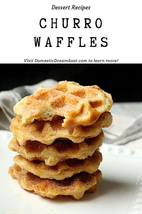 These Churro Waffles are made of choux pastry, so their texture matches real churros - crisp crust, custardy interior, and cinnamon-sugar coating. #waffles #churros #dessert Churro Waffle Recipe, Churros Dessert, Breakfast Cravings, Churro Waffles, Butter Alternative, Waffle Ingredients, Celebrity Recipes, Waffle Recipe, Choux Pastry