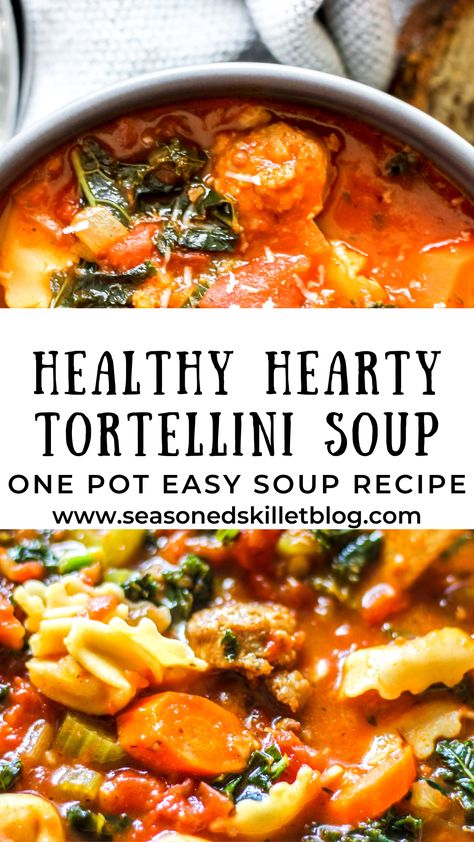 Healthy Hearty Italian Sausage Tortellini Soup is a one pot tomato-based soup recipe made with Italian sausage, sauteed onions, and garlic, chunky tomatoes, cheese tortellini and loaded with hearty vegetables like carrots, celery and kale. Serve for a healthy and warming winter lunch or dinner with a garnish of fresh parmesan and rustic whole wheat bread. Recipe also includes a step-by-step video for easy follow-along, as well as make-ahead and how to freeze tips! Healthier Slow Cooker Creamy Tortellini Vegetable Soup., Tortellini And Vegetable Soup, Hearty Cheese Tortellini Soup, Tomatoe Tortalini Soup Crockpot, Easy Healthy Crockpot Soup Recipes, Tomato Soup With Carrots And Celery, Dinner Ideas With Celery, Healthy Tortellini Soup Crockpot, Soups With Tomato Base