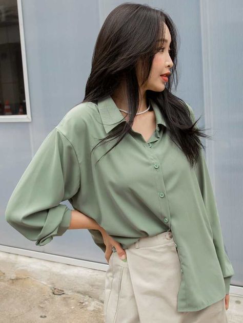 Green Shirt Outfits, Mint Green Outfits, Peplum Shirt, Hijau Mint, Drop Shoulder Shirt, Office Shirt, The Office Shirts, Beige Style, Plain Shirt