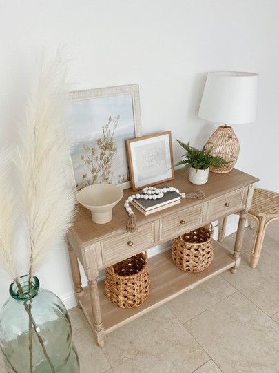 Coastal Entry Table, Coastal Console Table, Coastal Console, Earthy Coastal, Rattan Console Table, Beach Trailer, Coastal Ideas, Modern Coastal Home, Console Entryway