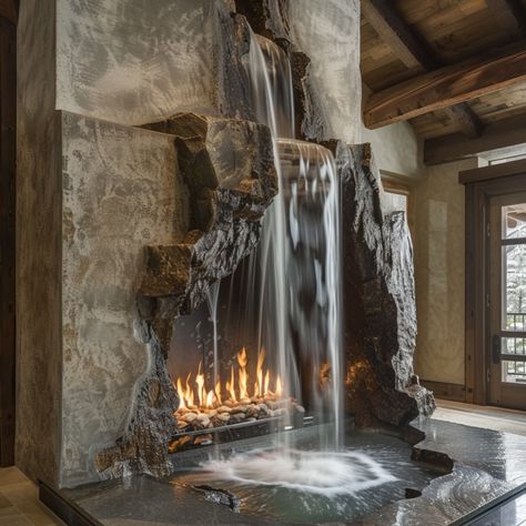 Imagine a fireplace that embodies the serene majesty of a cascading waterfall, bringing the soothing sights and sounds of nature into your living space. Crafted from polished stone in hues of slate and granite, its mantelpiece mimics the rugged edges of cliffs, adorned with moss and tiny ferns that thrive in the mist. Water gently flows down the front in a seamless curtain, catching the firelight as it dances across the smooth surface, creating a mesmerizing play of shadows and reflections. T... Amazing Swimming Pools, Artificial Rocks, Rock Fountain, Cascading Waterfall, Sounds Of Nature, Animal Anatomy, The Mist, Water Features, Utah