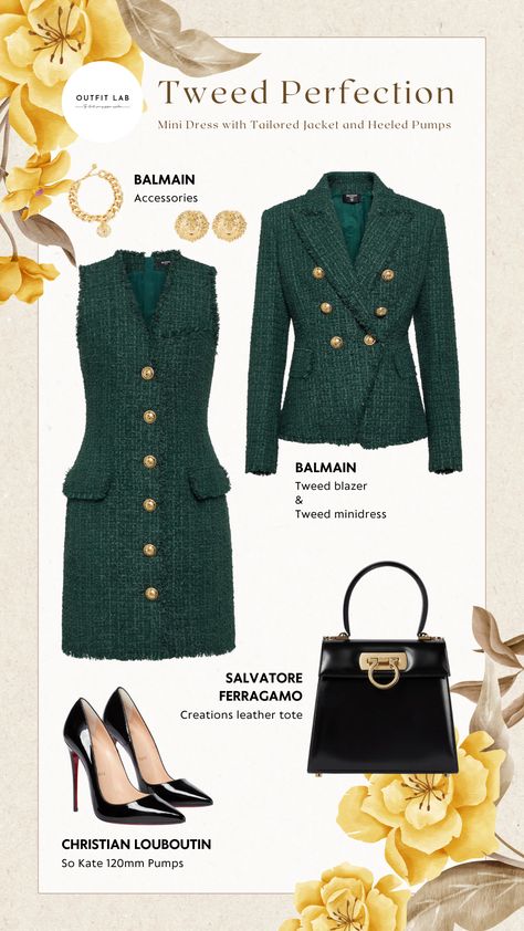 Dress Outfits Office Wear, Balmain Blazer Dress, Tweed Office Outfit, Sophisticated Chic Outfits, Classy Classic Outfits, Tweed Dress Outfit Classy, Luxury Winter Outfits, Balmain Tweed, Stylish Business Outfits