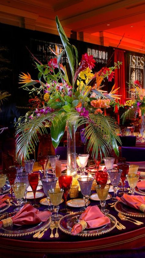 Havana Centerpiece Ideas, Havana Nights Gala Theme, African Themed Wedding Reception, Havana Nights Table Centerpiece, Rainforest Centerpieces, Havana Night Centerpieces, Paradise Prom Theme, Bird Of Paradise Floral Arrangement, Havana Nights Centerpieces