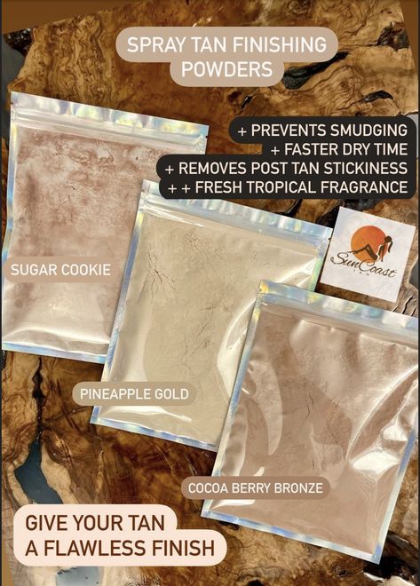 SunCoast Tanning Powder is a light weight shimmer powder that sets and dries your sunless tan fast, preventing color-transfer, and eliminating post-tan stickiness.  Apply to your clients for a faster setting spray tan and a luxurious finishing touch! Our tan setting powder dries and sets translucent with no white residue. All you see on is a gorgeous shimmer. It's perfect for every skin type and tone. SCENTS + SHIMMER INFO: 🥥Coco-Berry: Bronze shimmer with a strawberry coconut scent 🍍Pineapple Gold: Gold shimmer with pineapple scent. 🍪Sugar Cookie: Rose Gold Shimmer with sugar cookie scent  SALON APPLICATION: Use a large make-up brush to apply. Dip your brush into the finishing powder and hold it in front of the air hose from your spray tan machine, blowing the powder onto your client i No Fade November Spray Tan, Tanning Ideas, Mobile Spray Tanning Business, Skin Esthetics, Spray Tan Room, Diy Tanning, Tanning Supplies, Tanning Business, Tan Tips
