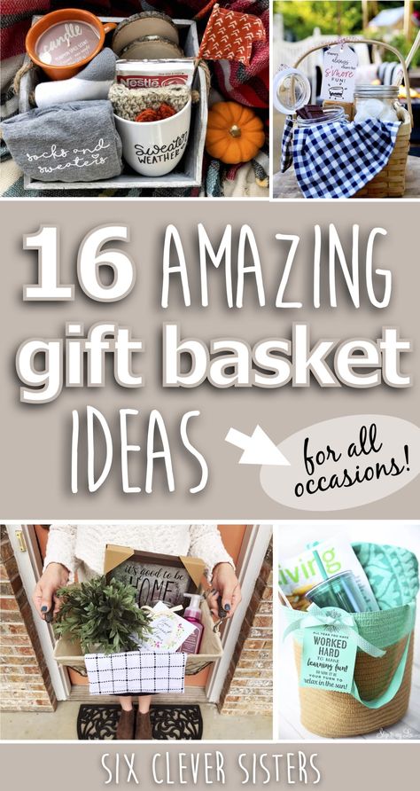 The Cutest Gift Basket Ideas for Any Occasion - Six Clever Sisters Cute Coffee Basket Ideas, January Gift Basket Ideas, Gift Baskets For Benefits Silent Auction, Practical Gift Basket Ideas, Casserole Gift Basket Ideas, Baking Auction Basket Ideas, Gift Basket Exchange Ideas, Cold Weather Gift Basket, Fancy Gift Baskets