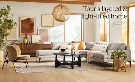 tour a layered & light-filled home West Elm Furniture, Solid Wood Coffee Table, Globe Pendant, Striped Rug, Coffee Table Wood, Living Room Inspiration, West Elm, Room Designs, Room Inspiration