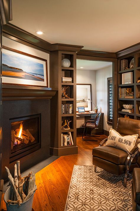 Home Office with Fireplace Home Office With Fireplace, Home Library With Fireplace, Library With Fireplace, Office With Fireplace, Library Fireplace, Cozy Home Library, Fireplaces Layout, Home Office Library, Open Plan Kitchen Living Room