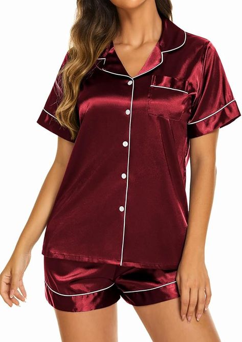 Soft Satin Button Down Loungewear 2 Piece Pjs Shorts Set S-XXL Pjs Shorts, Silk Pajamas Set, Shorts Aesthetic, Satin Pjs, Satin Pyjama, Shorts Sleepwear, Pjs Set, Pyjamas Womens, Prime Day Deals