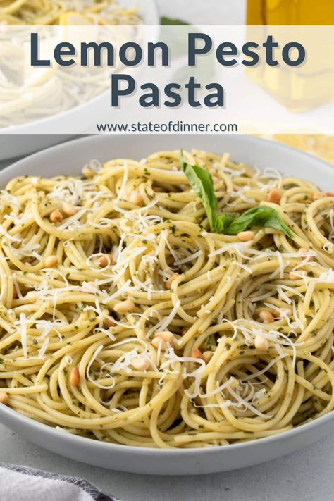 Lemon Pesto Pasta is a quick and delicious weeknight dinner. This recipe combines zesty lemons, aromatic fresh basil pesto, and perfectly cooked al dente noodles. Elevate your dinner table with this easy and flavorful dish. Pest Pasta Recipes, Lemon Pesto Shrimp Pasta, Spaghetti With Lemon Pesto, Lemon Peel Pesto, Lemon Pesto Pasta Recipes, Creamy Lemon Pesto Pasta, Lemon Pesto Recipe, Lemon Pesto Chicken Pasta, Lemon Pesto Sauce