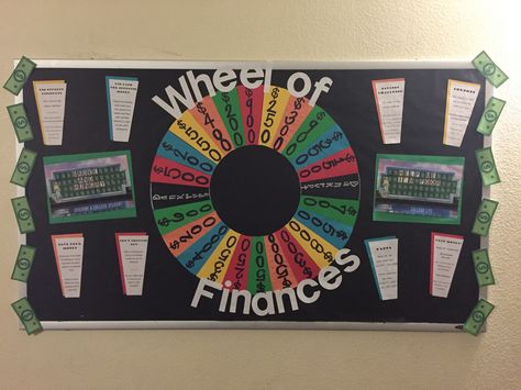 Wheel of Finances RA money tips and tricks bulletin board Financial Literacy Bulletin Board, Career Bulletin Boards, Literacy Bulletin Boards, Resident Assistant Bulletin Boards, Literacy Display, March Bulletin Board, Office Bulletin Boards, November Bulletin Boards, High School Bulletin Boards