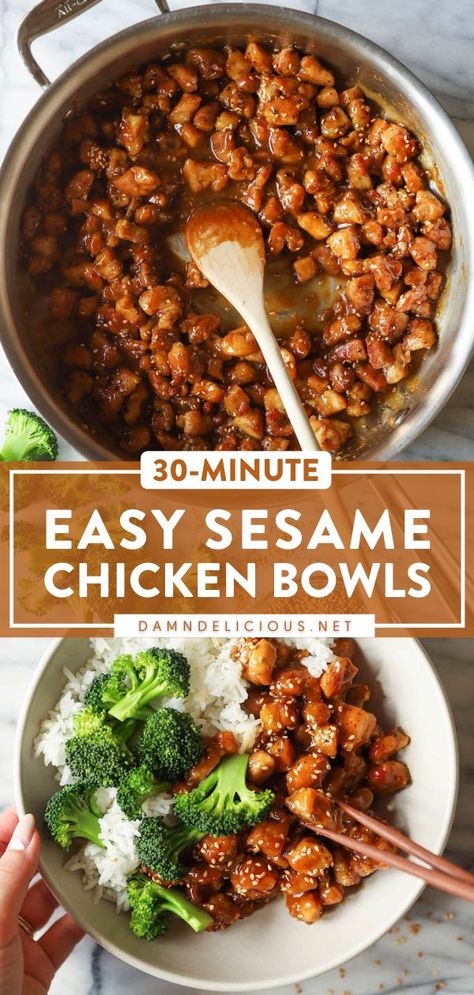 45 reviews · 30 minutes · Gluten free · Serves 4 · Find yourself making this Asian-inspired recipe all week! Crispy on the outside while being tender inside, these saucy Sesame Chicken Bowls are so much better than takeout. Plus, this easy dinner… Quick Weeknight Dinners For Two, Easy Sesame Chicken, Rice And Broccoli, Chicken Bowls, Berbuka Puasa, Better Than Takeout, Idee Pasto, Breakfast Meal, Chicken Bowl