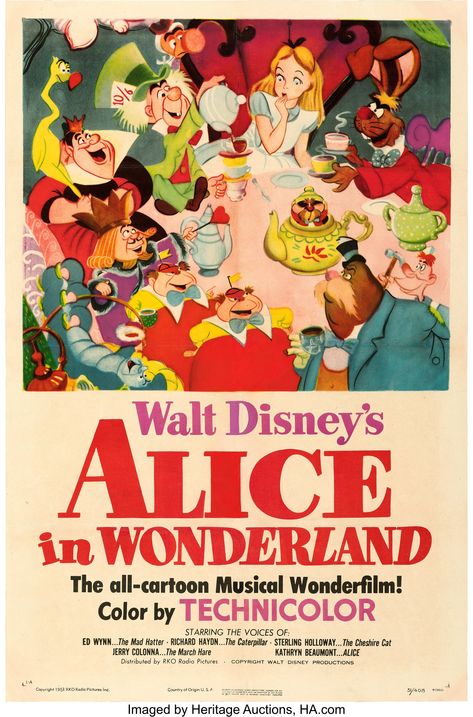 World's Largest Collectibles Auctioneer Vintage Disney Posters, Movie Posters Decor, Photowall Ideas, Posters Decor, Disney Poster, Alice In Wonderland Print, Disney Movie Posters, Alice In Wonderland 1951, Vintage Cartoons