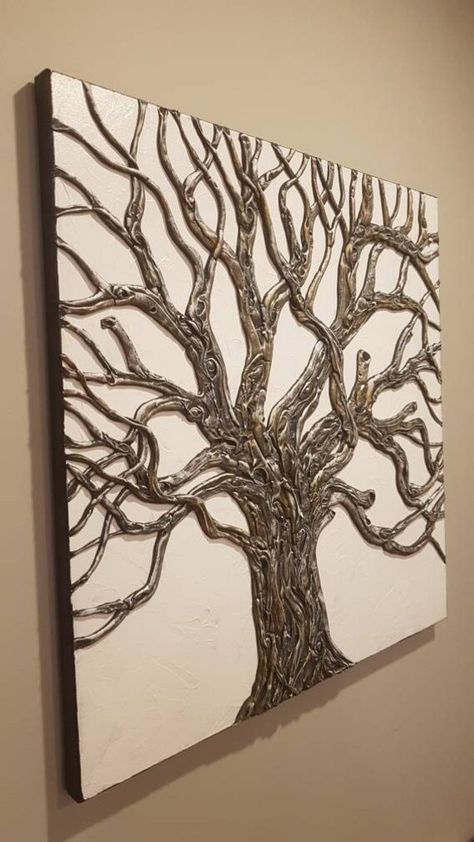 "\"Tree of Life\" is the title of this beautiful zen original acrylic tree painting.  The tree has lots of knots in the wood and is painted in complementary shades of browns to show off the texture of the tree of life wood branches.  The background is textured and white and is created with a palette knife.  This work of art is created in a new technique developed by artist Nathalie Van.  The tree is sculpted and painted in a 3D detailed method which is super unique and non-repeatable.  This is a 3d Tree Painting, Tree Texture Art, Wood Texture Art, Texture Art On Canvas, Mirror Tree, Hot Glue Art, Emboss Painting, Tree Of Life Painting, Tree Painting Canvas